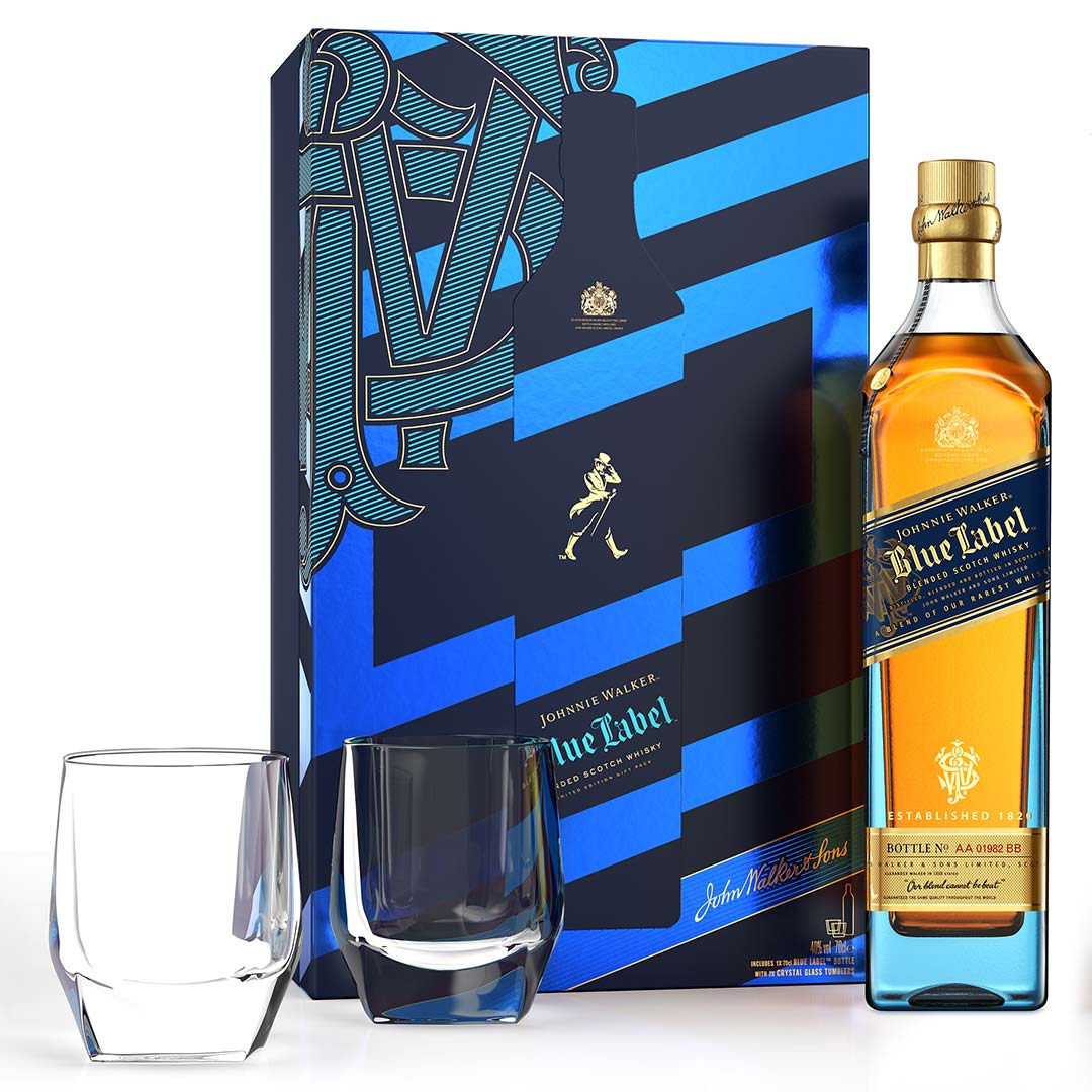 Johnnie Walker Blue Label Blended Scotch Whisky 70cl Giftpack with 2 x Crystal Glasses [F22]