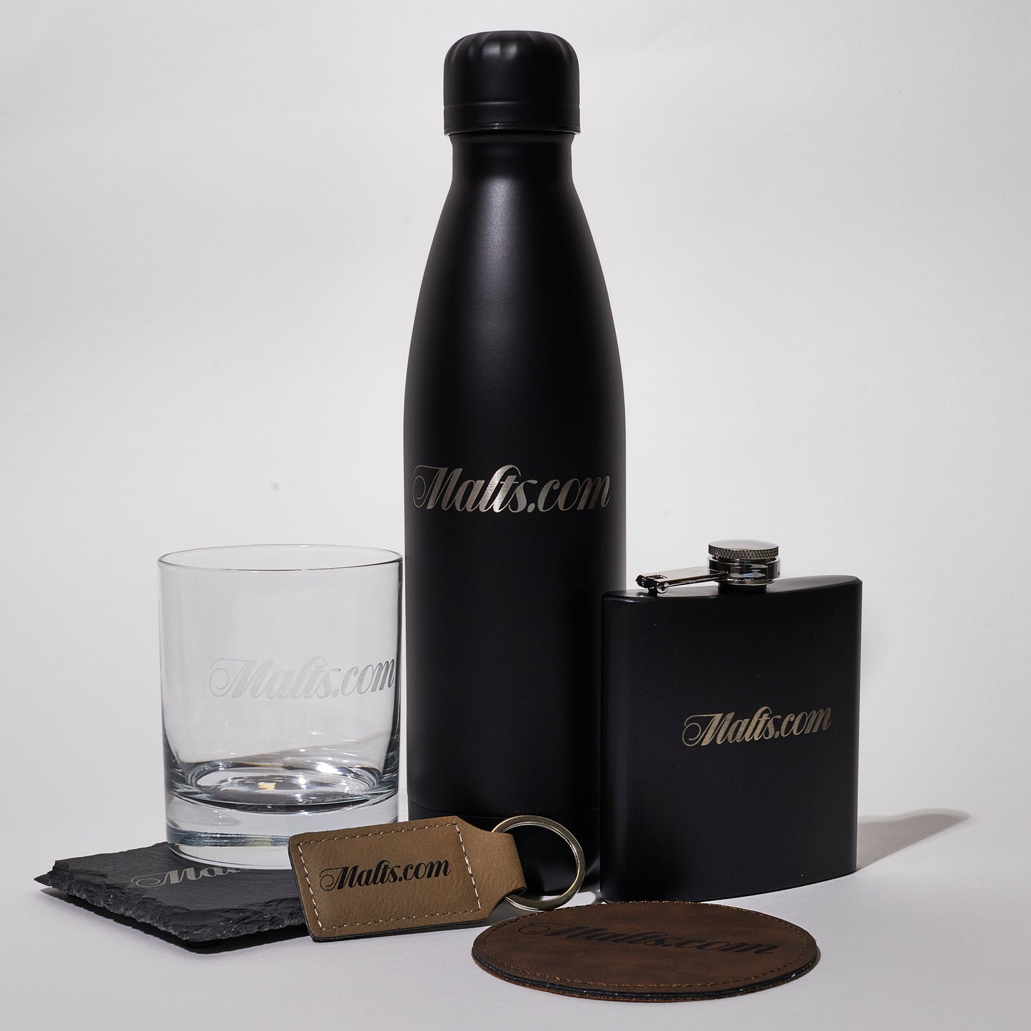 Keyring Plus Leather Coaster and Water Bottle & Slate Coaster, Glass Tumbler & Hip Flask Bundle